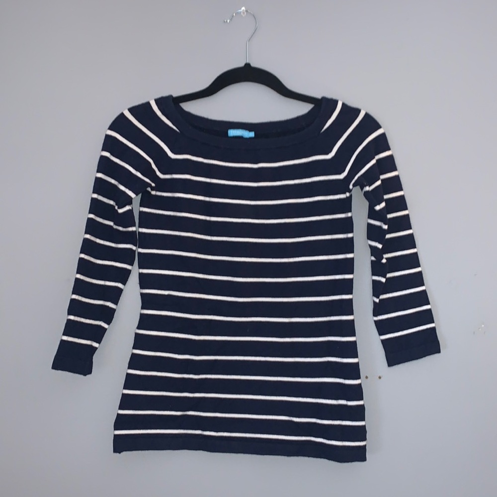 J. McLaughlin Navy & White Striped Boat Neck Sweater with 3/4 Sleeves - XS